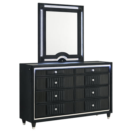Tampa Furniture Outlet - Coaster - Ravenne 8-drawer Velvet Upholstered LED Dresser and Mirror Black - 223193M