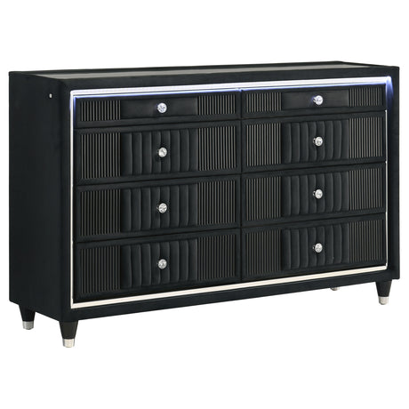 Tampa Furniture Outlet - Coaster - Ravenne 8-drawer Velvet Upholstered LED Dresser Cabinet Black - 223193