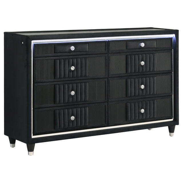 Tampa Furniture Outlet - Coaster - Ravenne 8-drawer Velvet Upholstered LED Dresser Cabinet Black - 223193