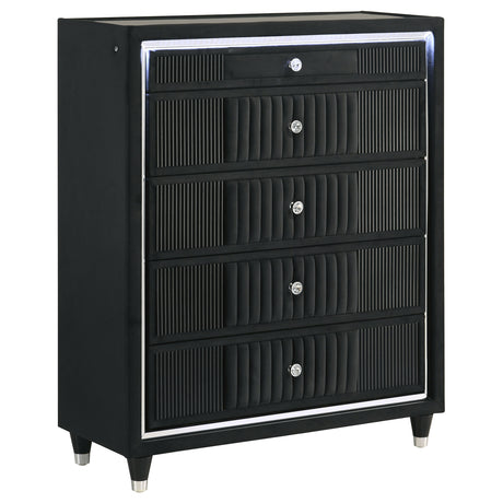 Tampa Furniture Outlet - Coaster - Ravenne 5-drawer Velvet Upholstered LED Chest of Drawers Black - 223195