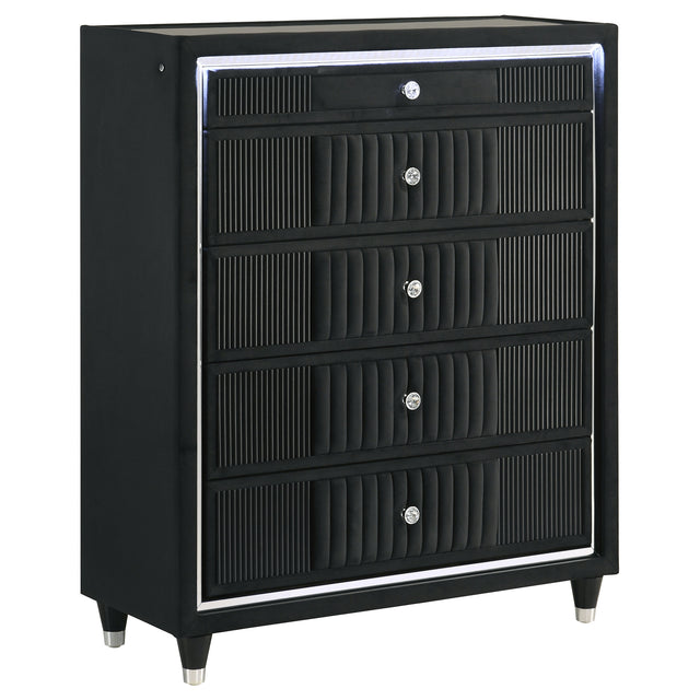 Tampa Furniture Outlet - Coaster - Ravenne 5-drawer Velvet Upholstered LED Chest of Drawers Black - 223195