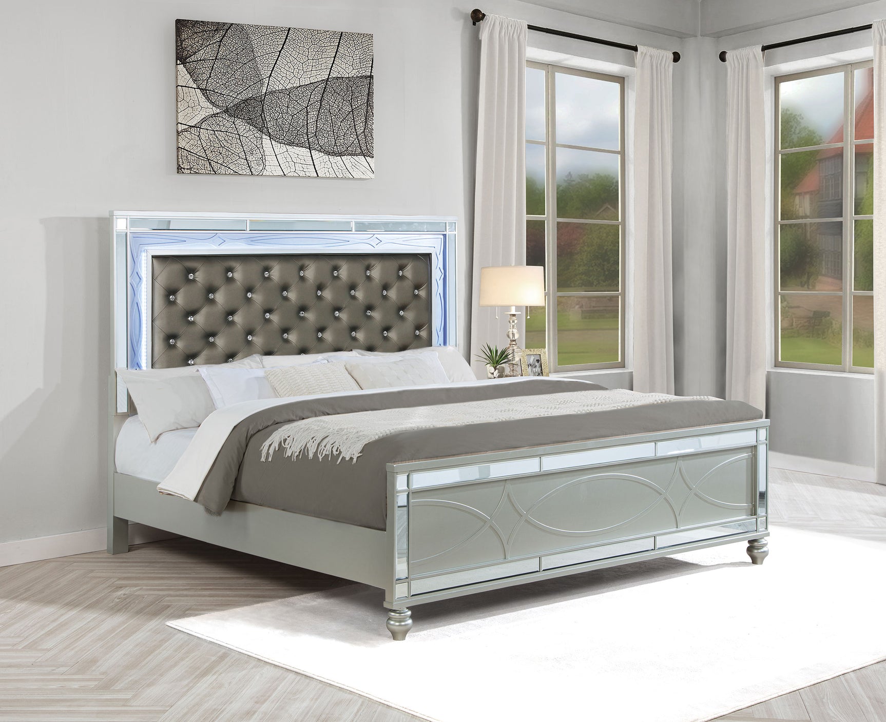 Gunnison Wood Eastern King LED Panel Bed Silver Metallic - Tampa Furniture Outlet