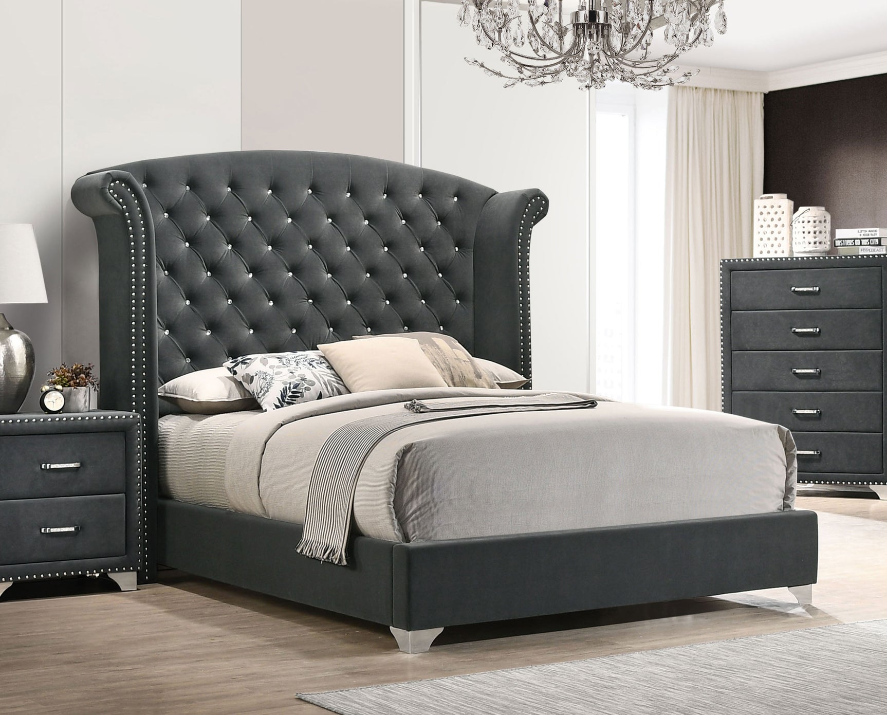 Melody Upholstered California King Wingback Bed Grey - Tampa Furniture Outlet