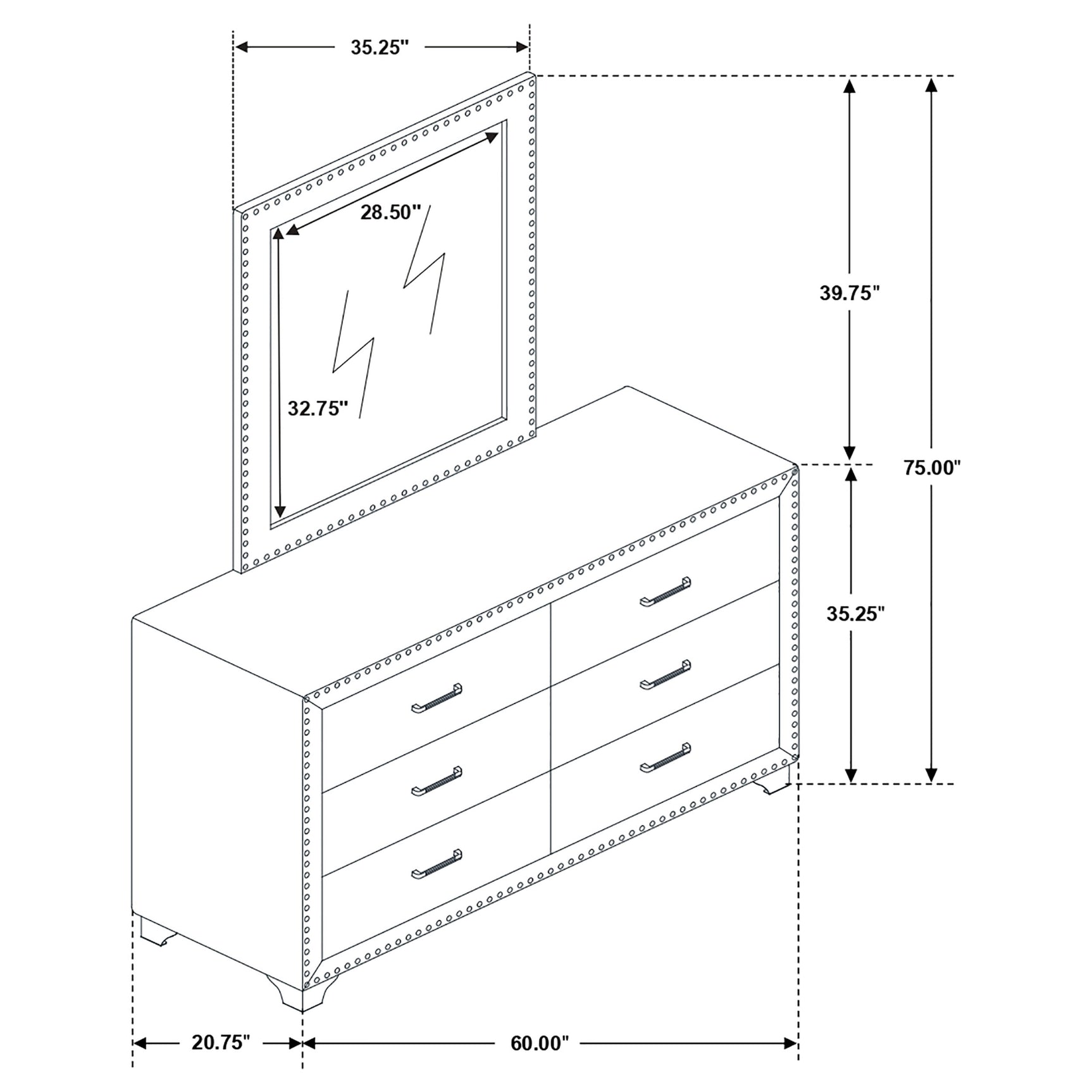 Melody 6-drawer Upholstered Dresser with Mirror Grey - Tampa Furniture Outlet