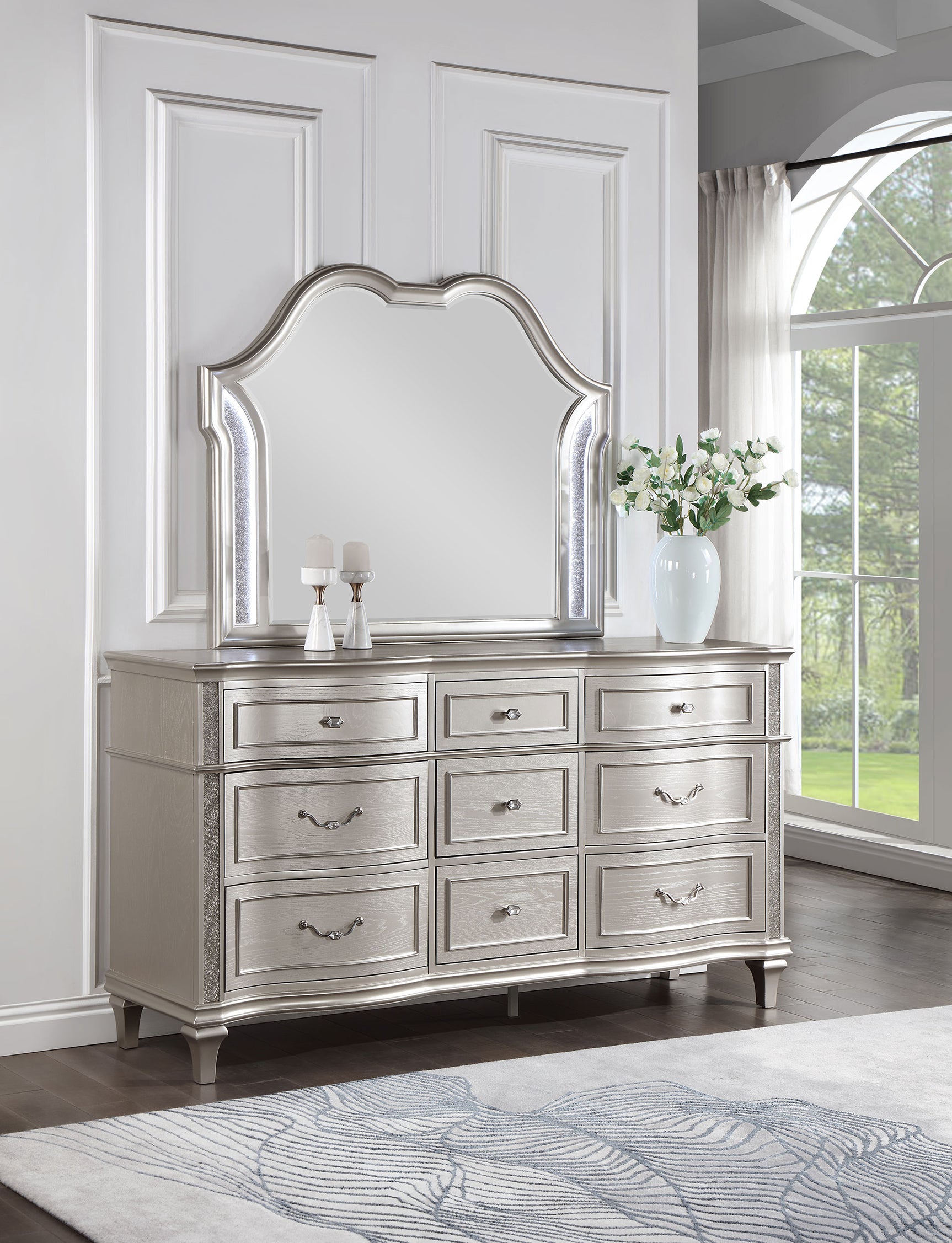 Evangeline 9-drawer Dresser with Mirror Silver Oak - Tampa Furniture Outlet