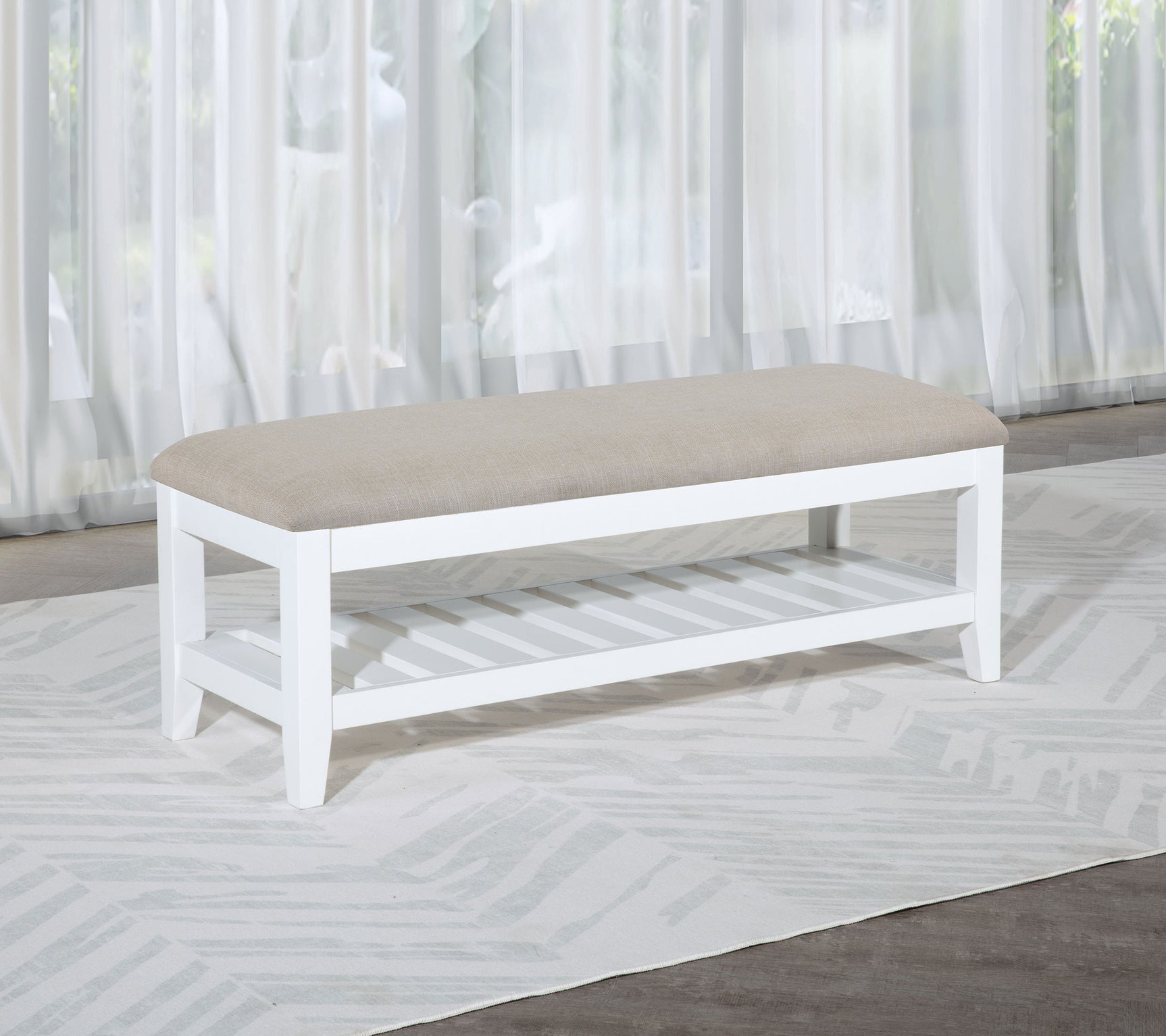 Bexhill Upholstered Rectangular Bench with Shelf White - Tampa Furniture Outlet