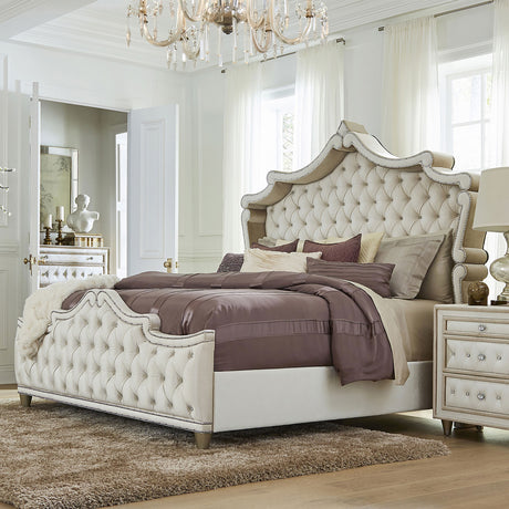 Antonella Upholstered Eastern King Panel Bed Ivory and Camel - Tampa Furniture Outlet