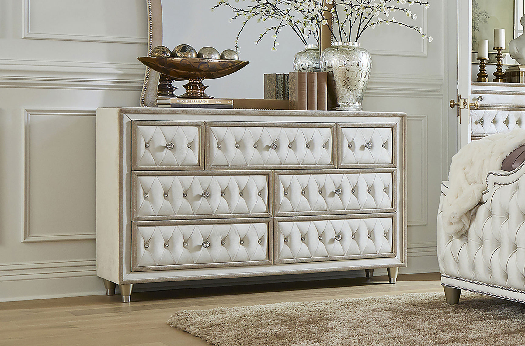 Antonella 7-drawer Upholstered Dresser Ivory and Camel - Tampa Furniture Outlet