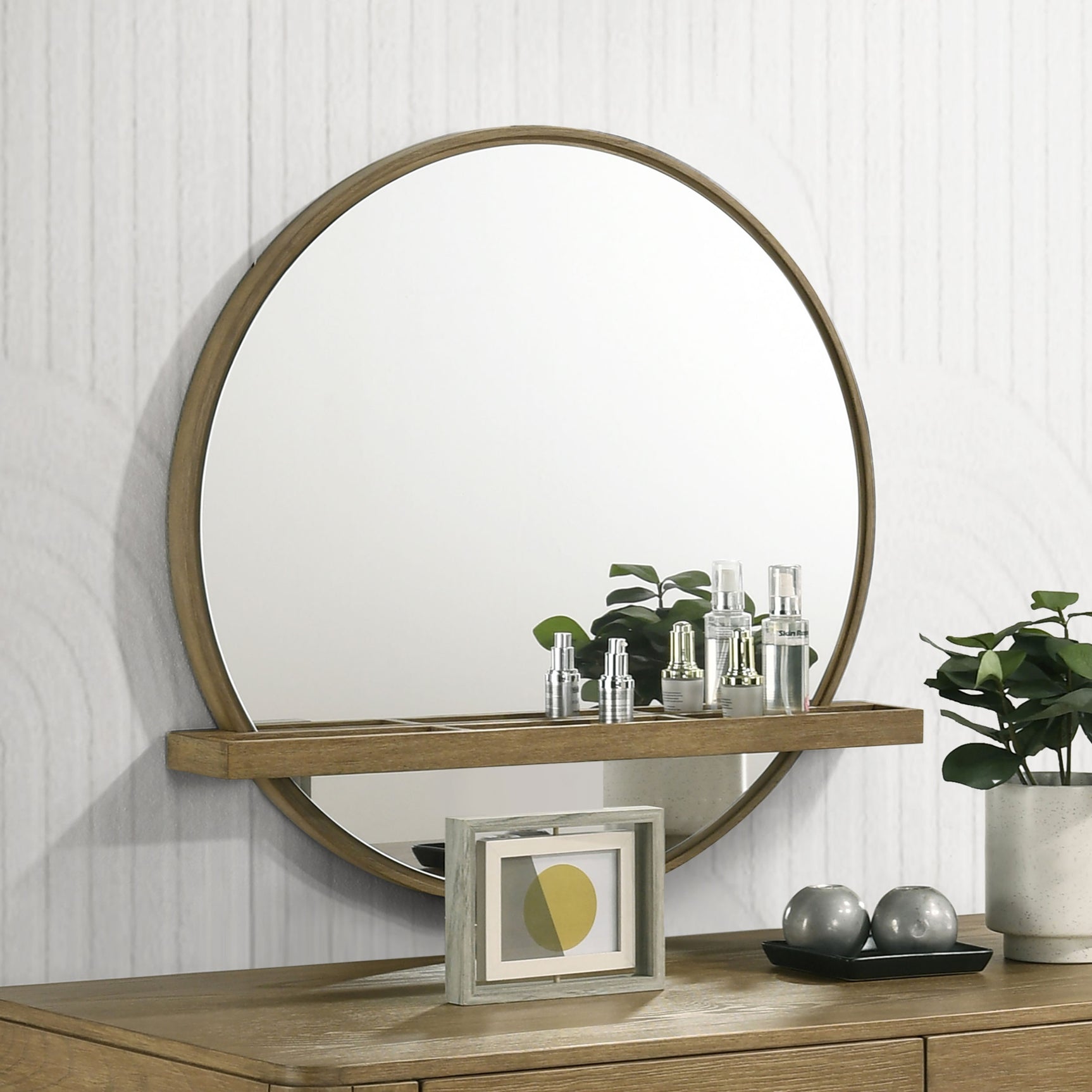 Arini Round Vanity Wall Mirror with Shelf Sand Wash - Tampa Furniture Outlet