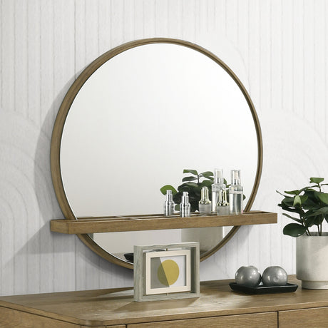 Arini Round Vanity Wall Mirror with Shelf Sand Wash - Tampa Furniture Outlet