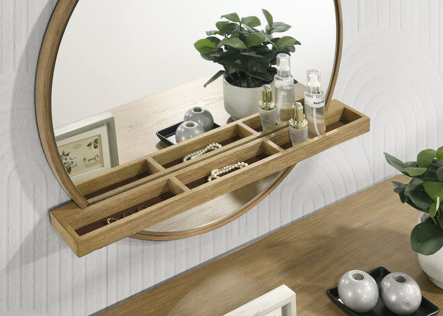 Arini Round Vanity Wall Mirror with Shelf Sand Wash - Tampa Furniture Outlet