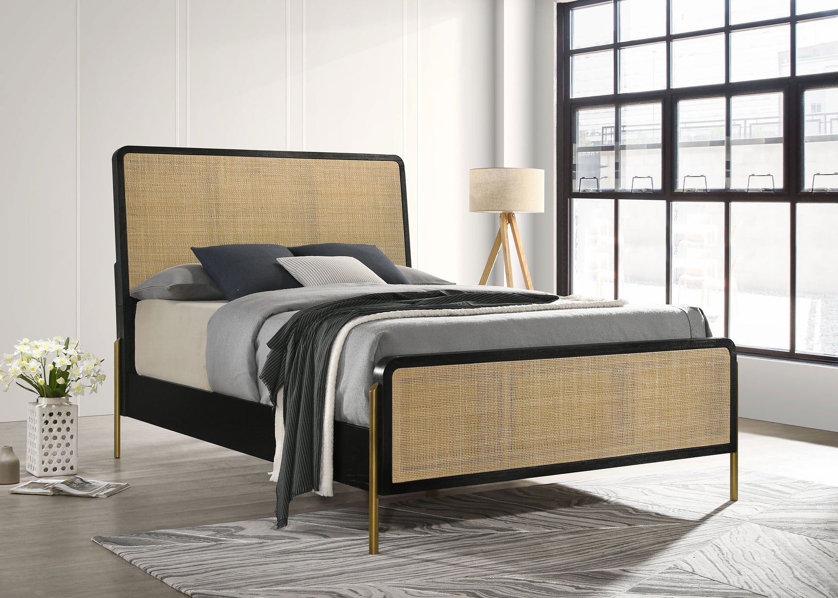 Arini Rattan Queen Panel Bed Black and Natural - Tampa Furniture Outlet