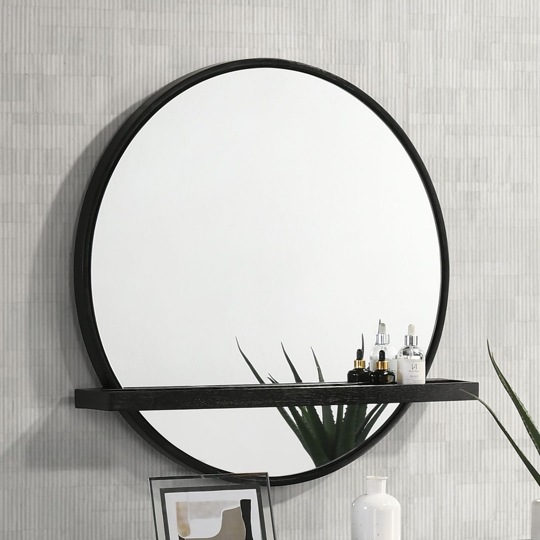 Arini Round Vanity Wall Mirror with Shelf Black - Tampa Furniture Outlet
