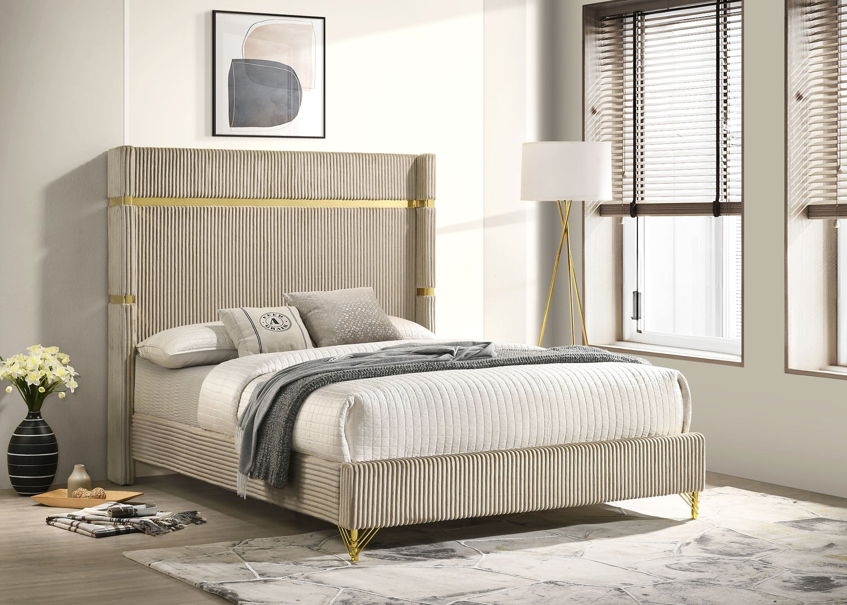 Lucia 61-inch Upholstered Queen Wingback Bed Beige - Tampa Furniture Outlet
