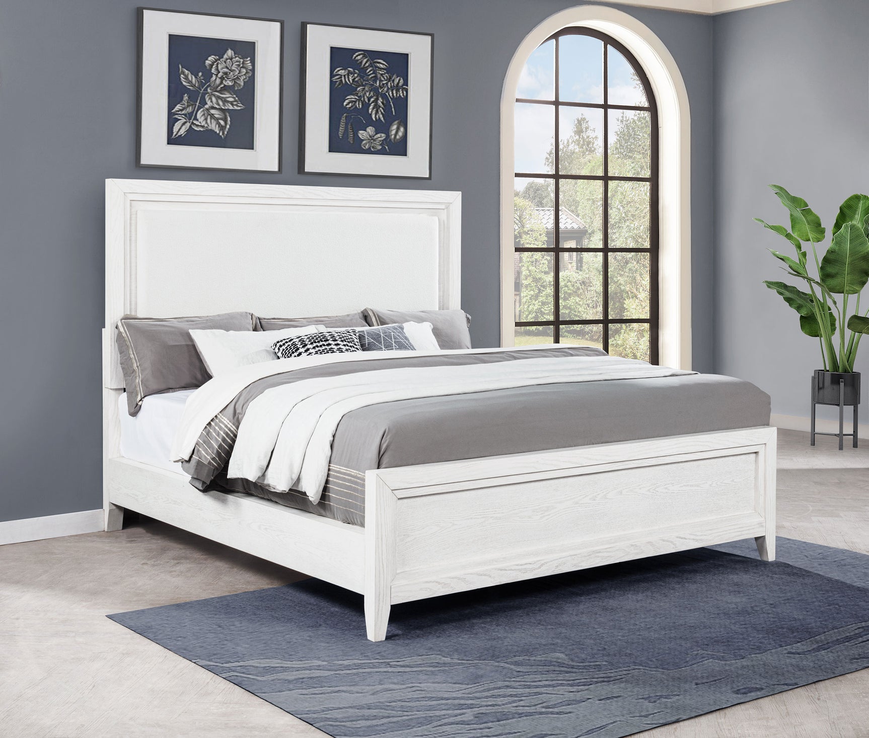 Marielle Eastern King Upholstered Panel Bed Distressed White - Tampa Furniture Outlet