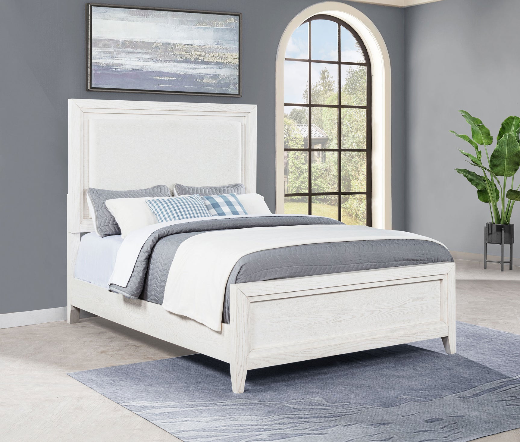 Marielle Queen Upholstered Panel Bed Distressed White - Tampa Furniture Outlet