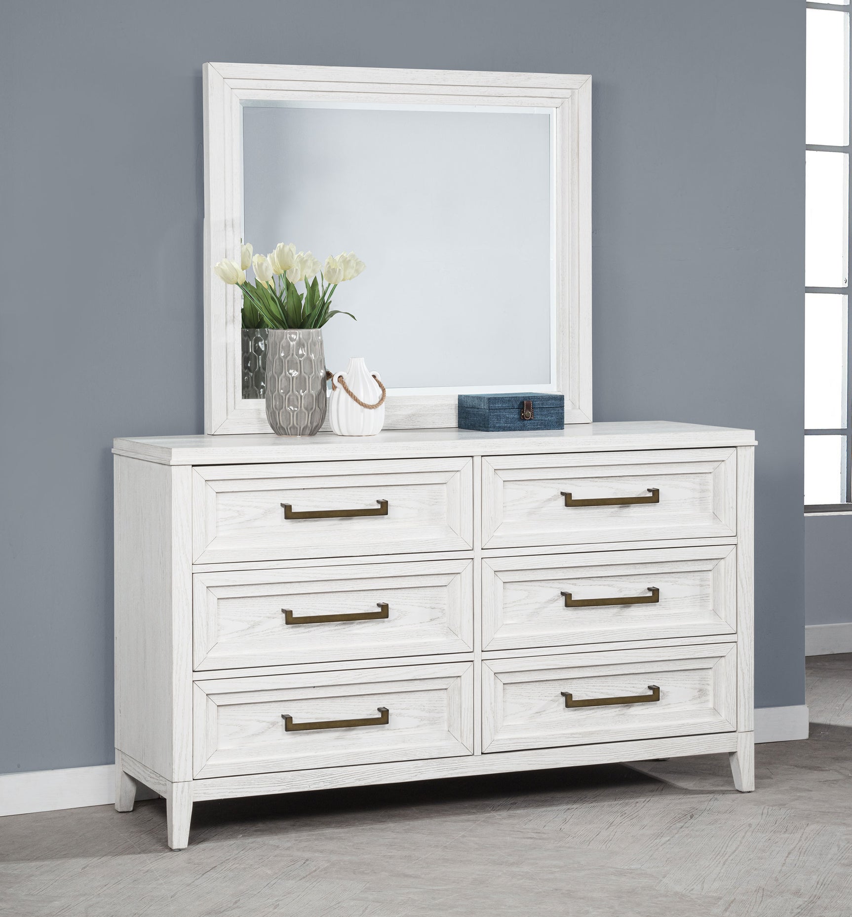 Marielle 6-drawer Dresser with Mirror Distressed White - Tampa Furniture Outlet