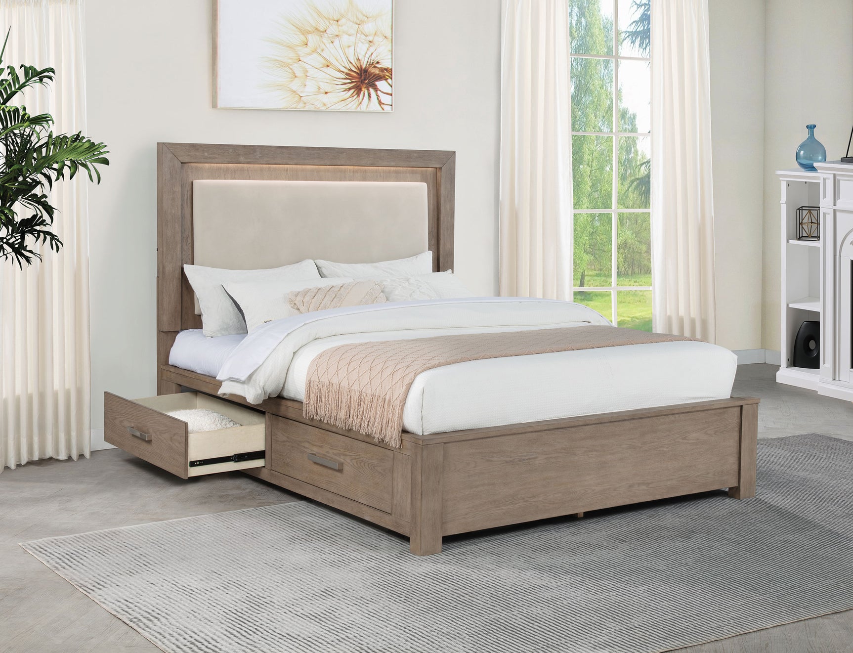 Kenora 56-inch Queen LED Storage Bed Barley Brown - Tampa Furniture Outlet
