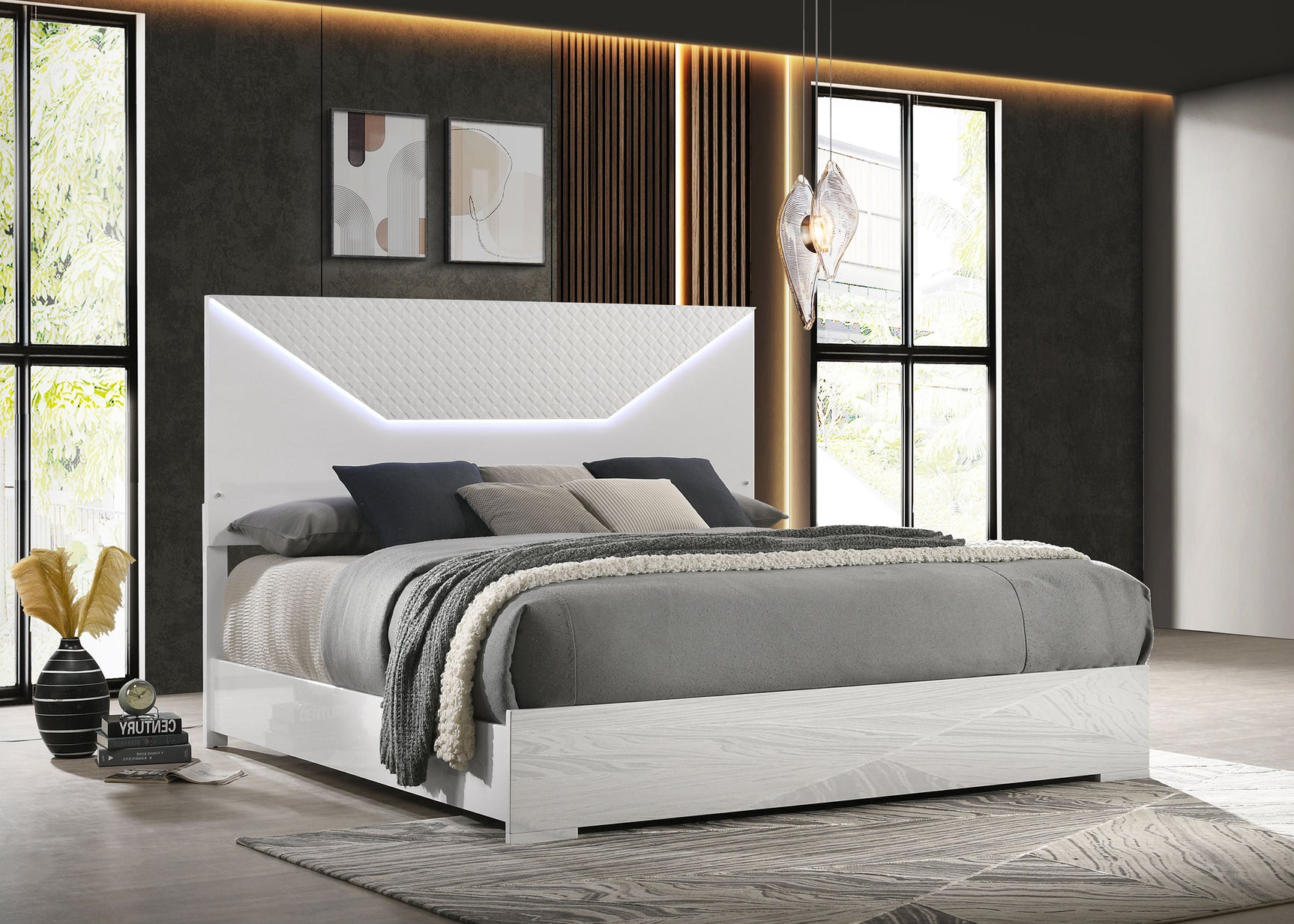 Ives Queen Panel Bed LED Headboard White High Gloss - Tampa Furniture Outlet
