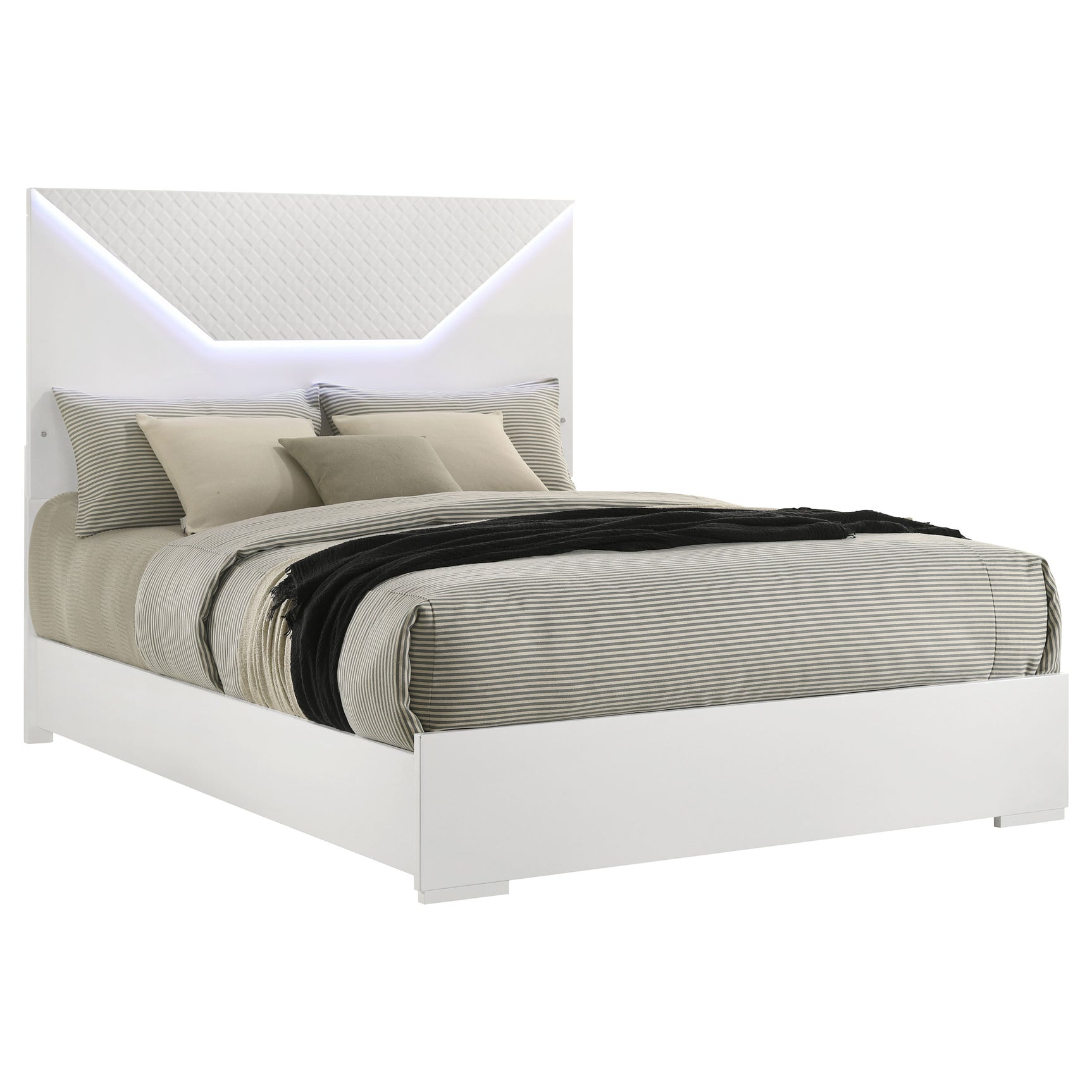 Ives Queen Panel Bed LED Headboard White High Gloss - Tampa Furniture Outlet