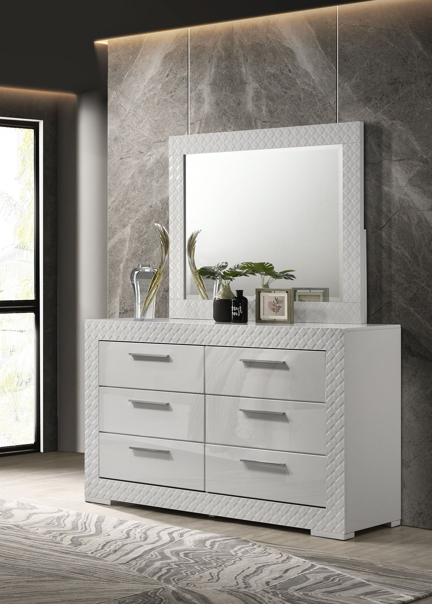 Ives 6-drawer Dresser and Mirror White High Gloss - Tampa Furniture Outlet