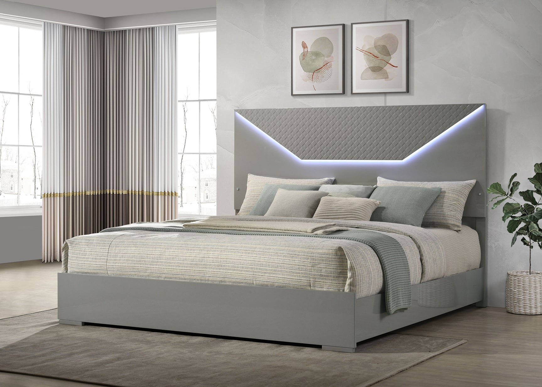 Ives Eastern King Panel Bed LED Headboard Grey High Gloss - Tampa Furniture Outlet