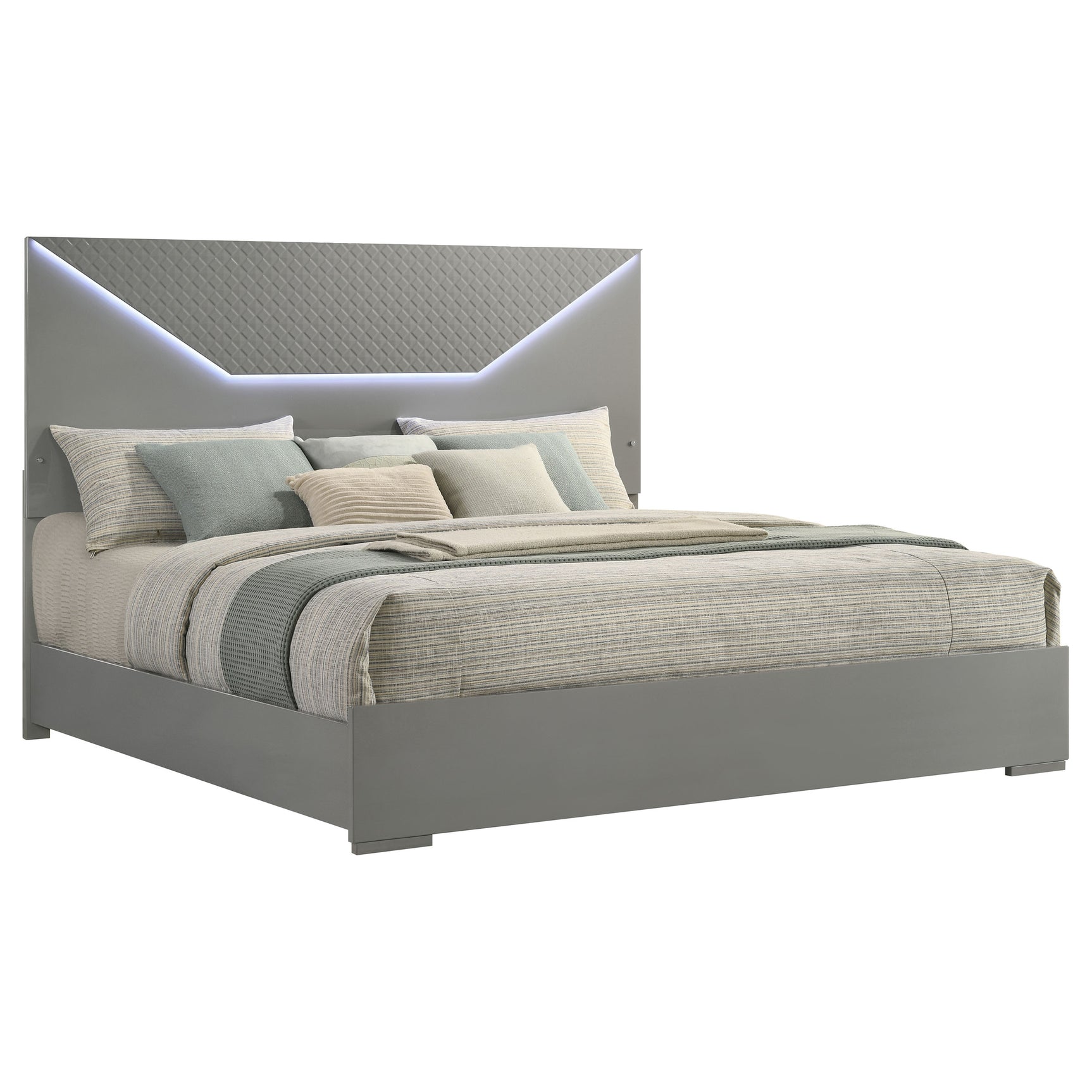 Ives Eastern King Panel Bed LED Headboard Grey High Gloss - Tampa Furniture Outlet
