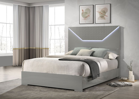 Ives Queen Panel Bed LED Headboard Grey High Gloss - Tampa Furniture Outlet