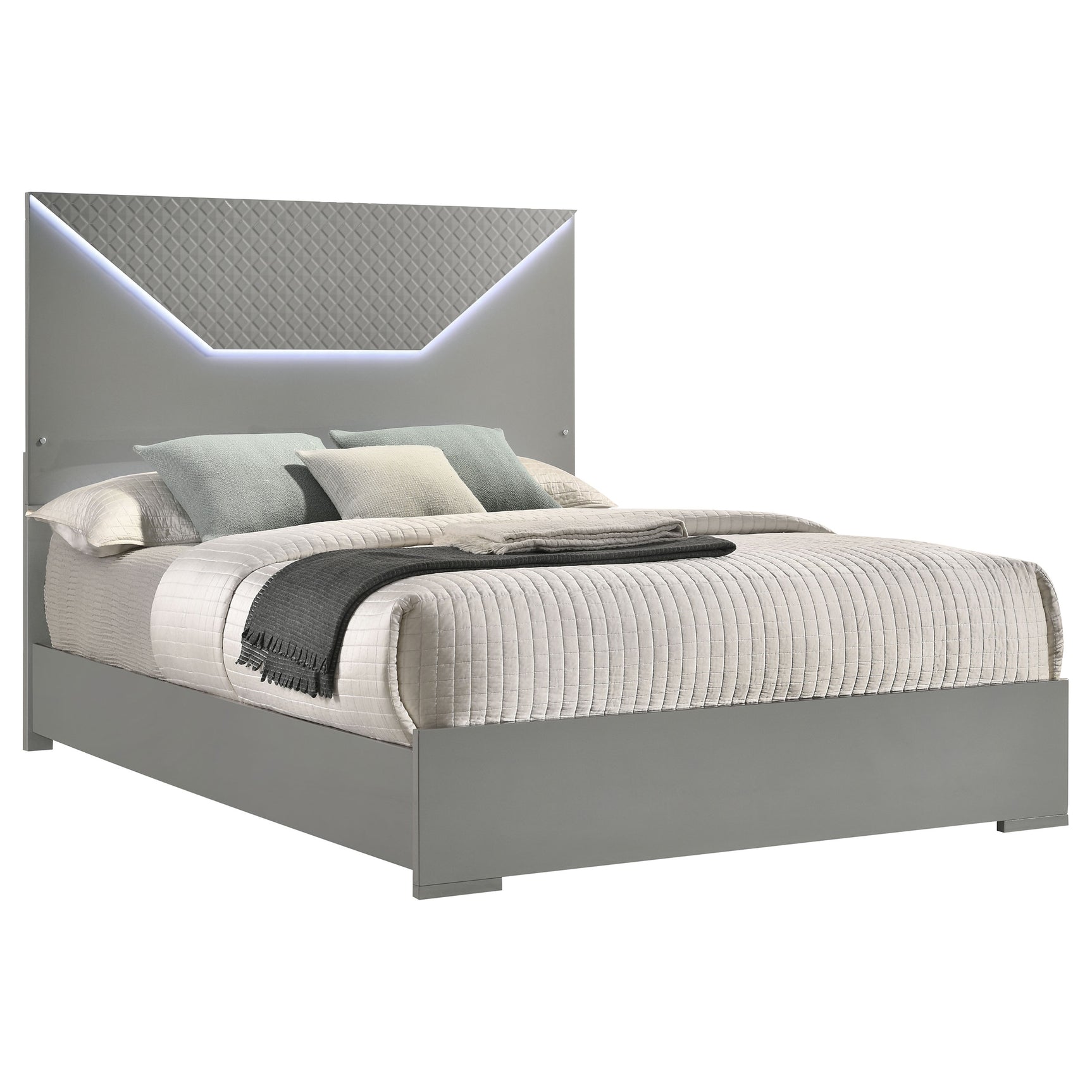Ives Queen Panel Bed LED Headboard Grey High Gloss - Tampa Furniture Outlet