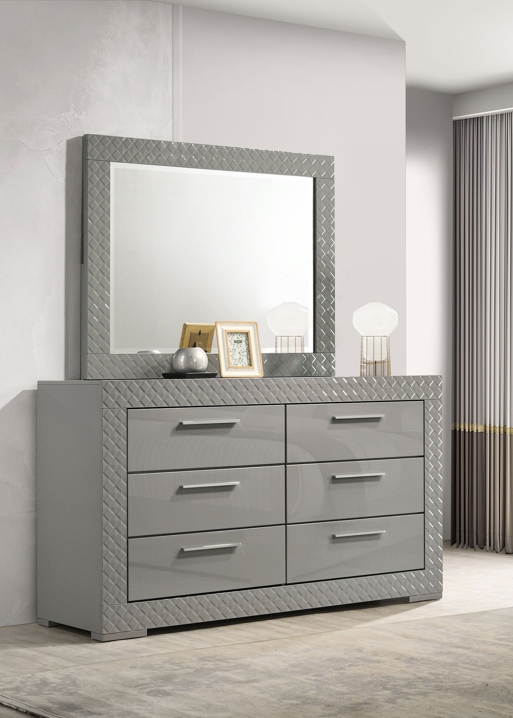 Ives 6-drawer Dresser and Mirror Grey High Gloss - Tampa Furniture Outlet