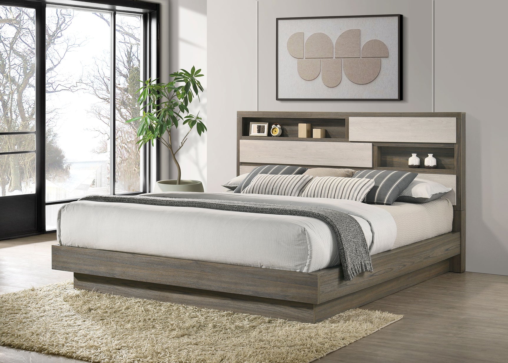 Fenwick California King Bed Bookcase Headboard Grey Oak - Tampa Furniture Outlet
