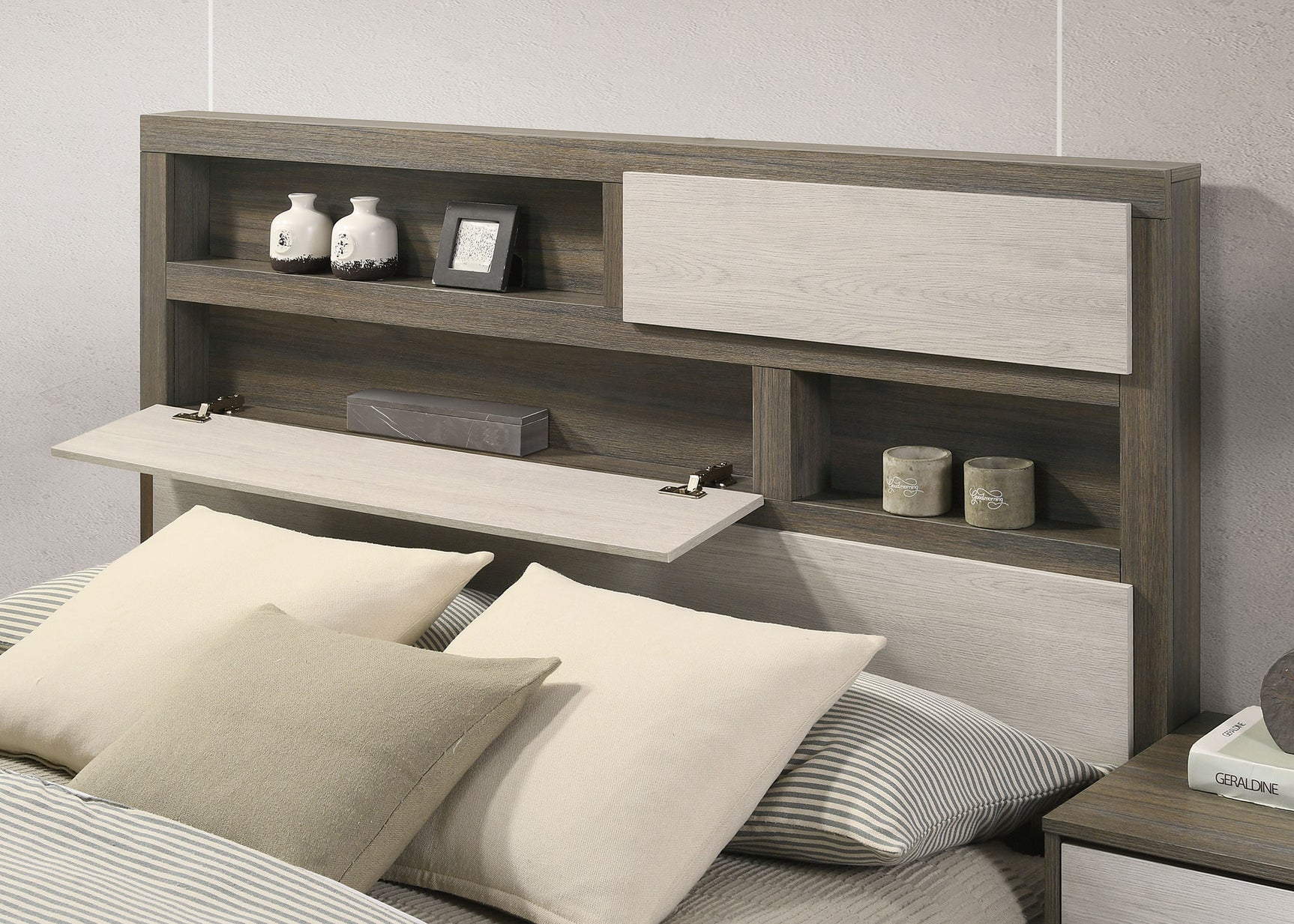 Fenwick California King Bed Bookcase Headboard Grey Oak - Tampa Furniture Outlet