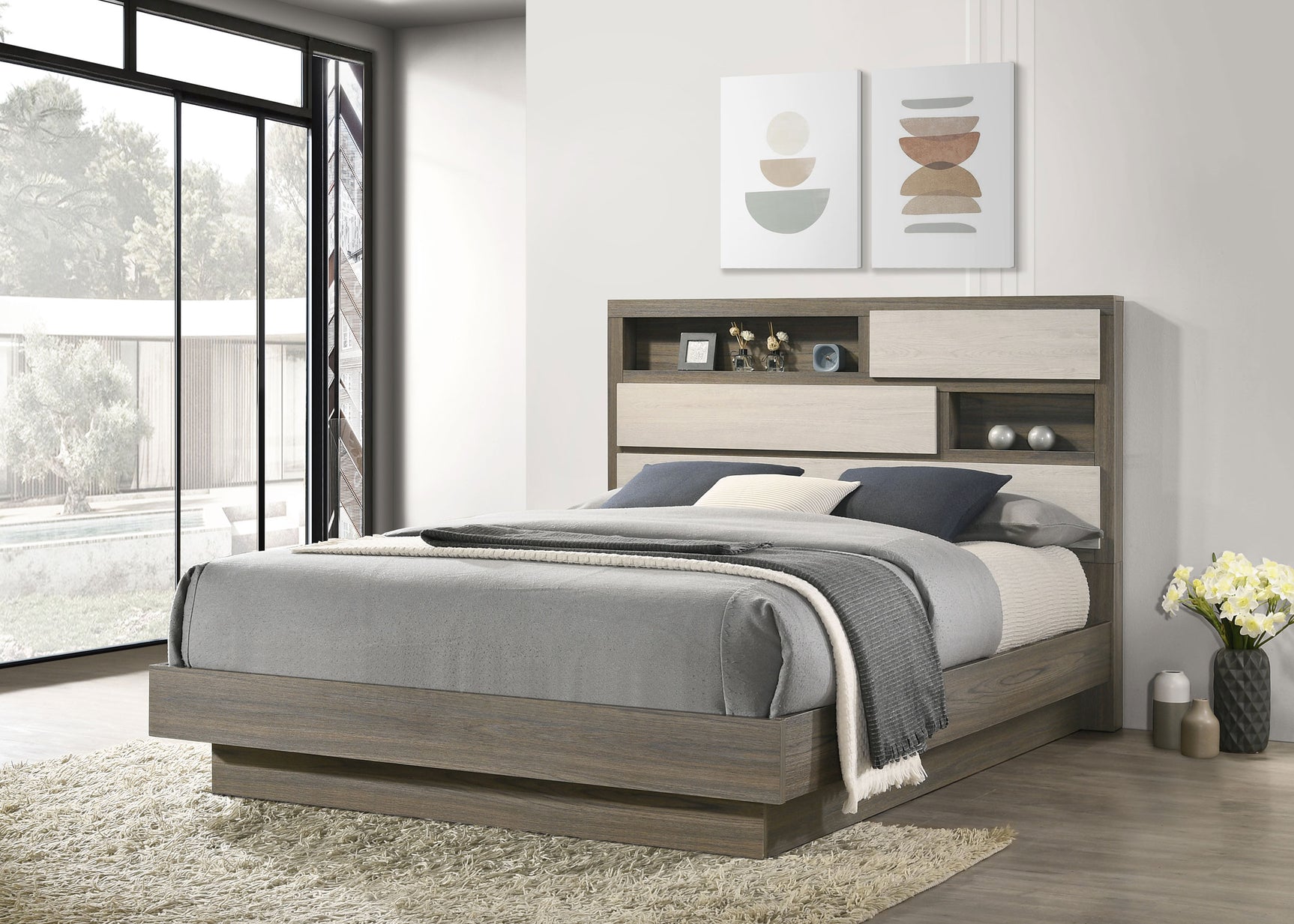 Fenwick Queen Bed Bookcase Headboard Grey Oak - Tampa Furniture Outlet