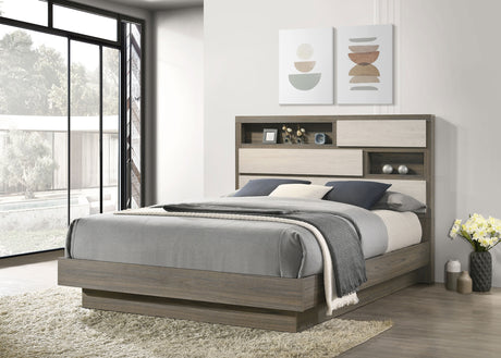 Fenwick Queen Bed Bookcase Headboard Grey Oak - Tampa Furniture Outlet
