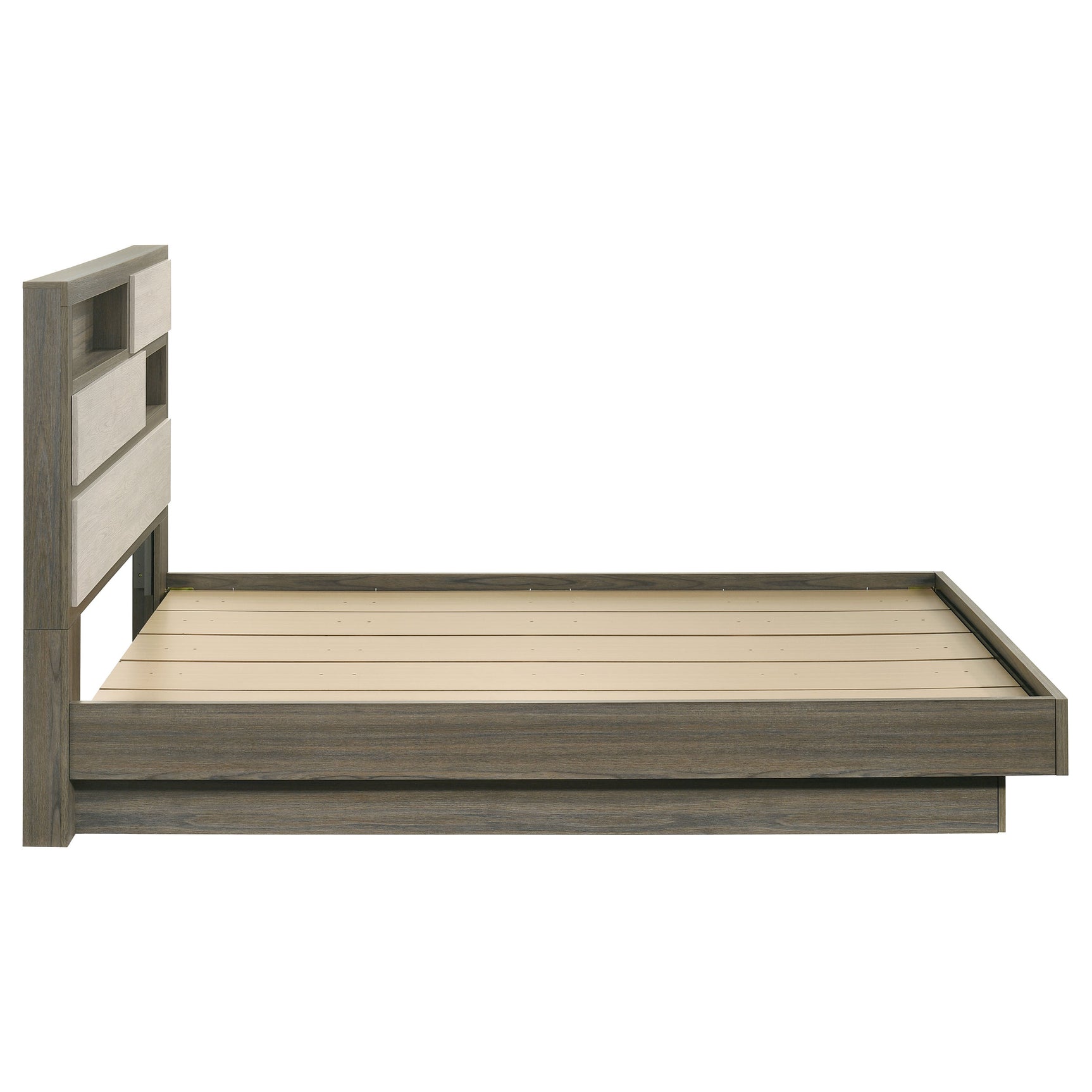 Fenwick Queen Bed Bookcase Headboard Grey Oak - Tampa Furniture Outlet