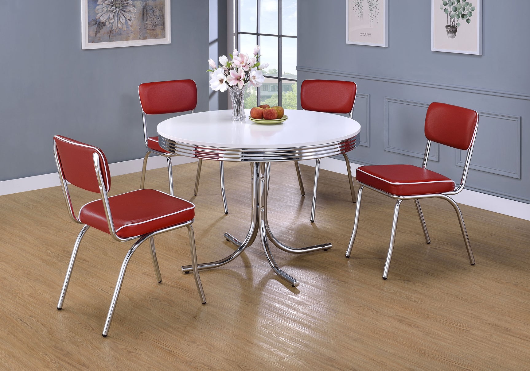 Retro Round 42-inch Wood Top Dining Table White and Chrome - Tampa Furniture Outlet