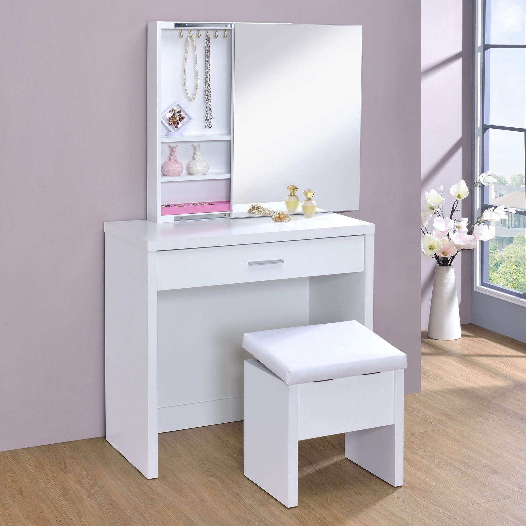 Harvey Vanity Set with Lift-Top Stool White - Tampa Furniture Outlet