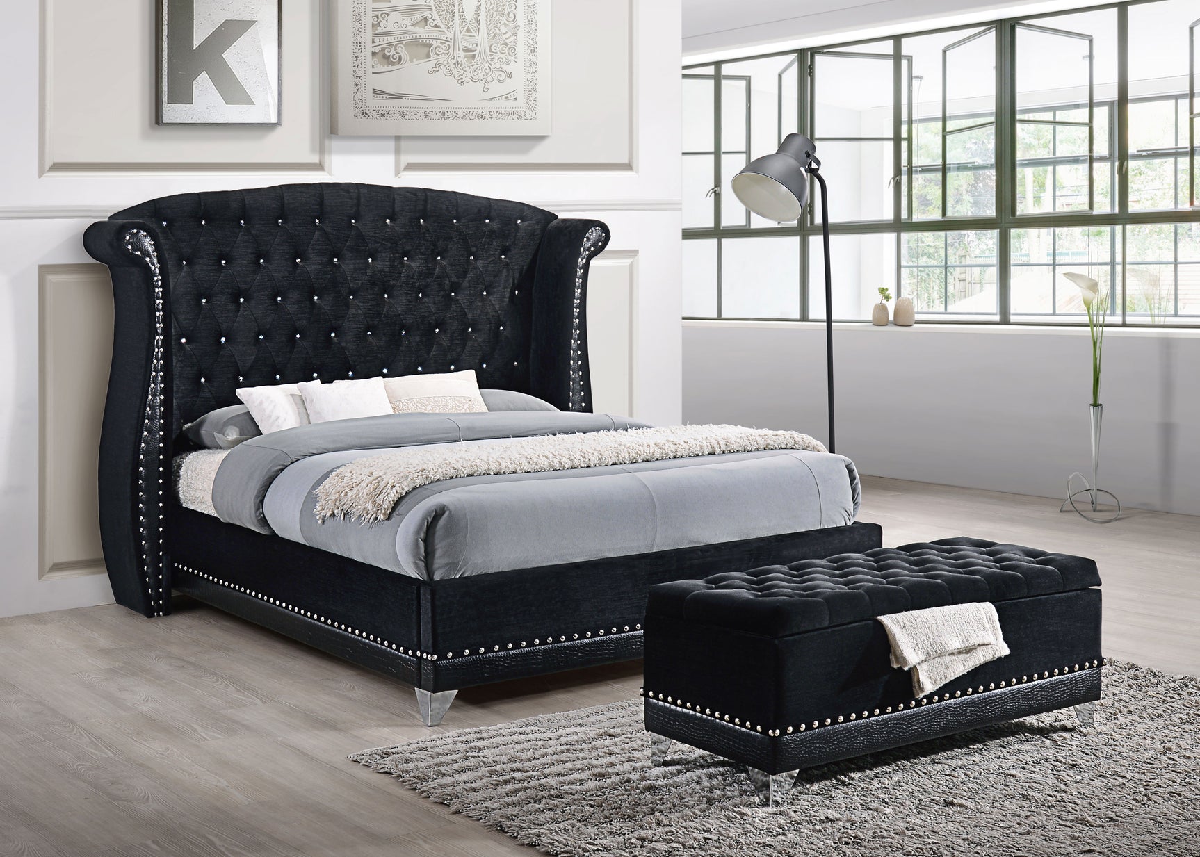 Barzini Upholstered Queen Wingback Bed Black - Tampa Furniture Outlet