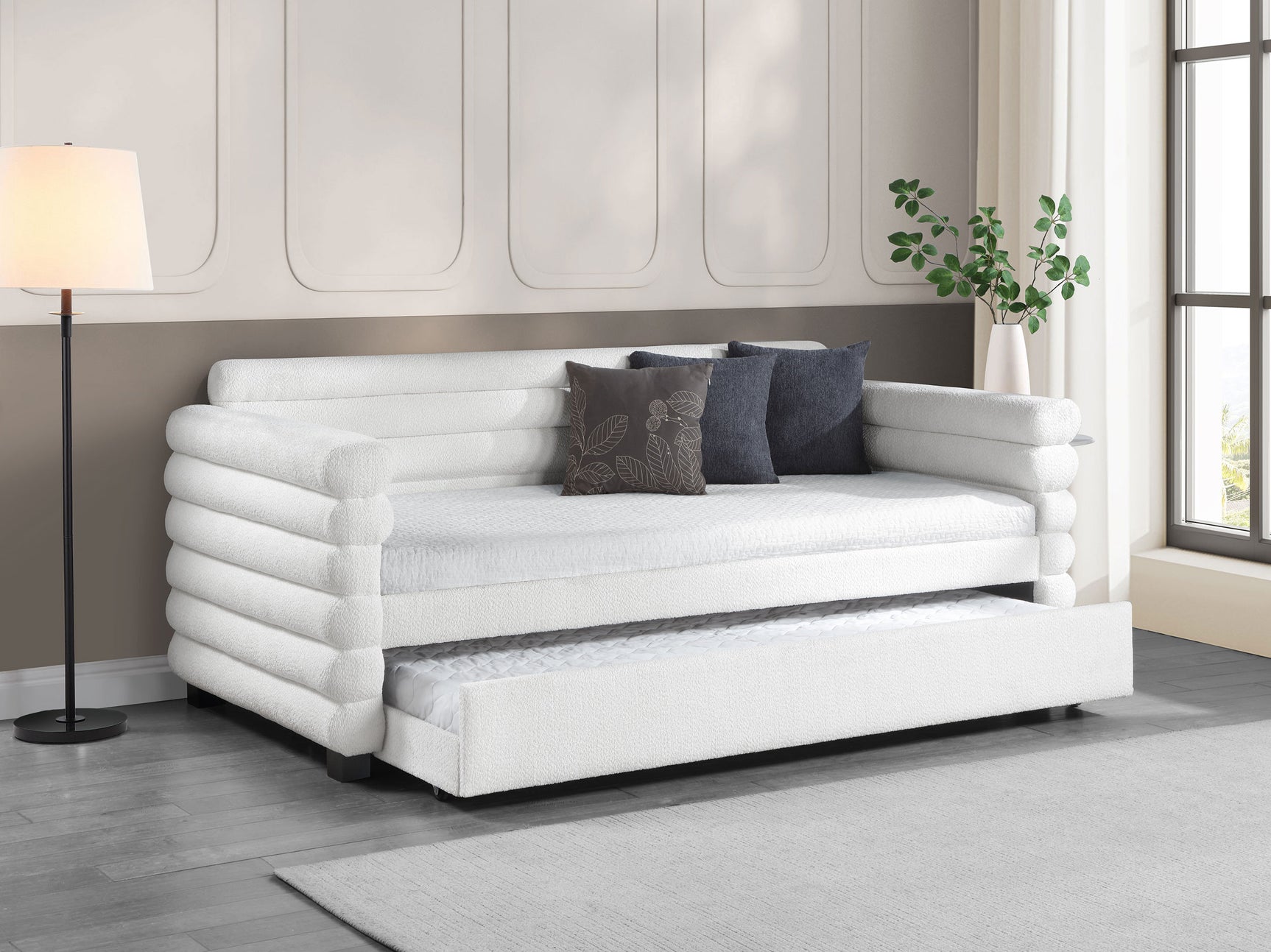 Patricia Boucle Upholstered Twin Day Bed with Trundle White - Tampa Furniture Outlet