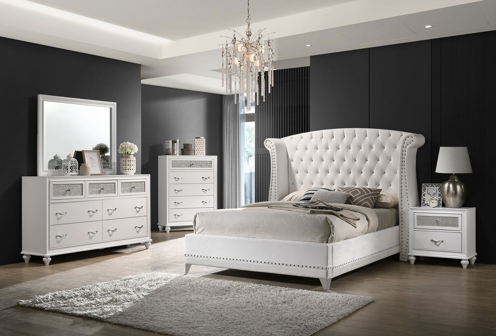 Barzini Upholstered Eastern King Wingback Bed White - Tampa Furniture Outlet