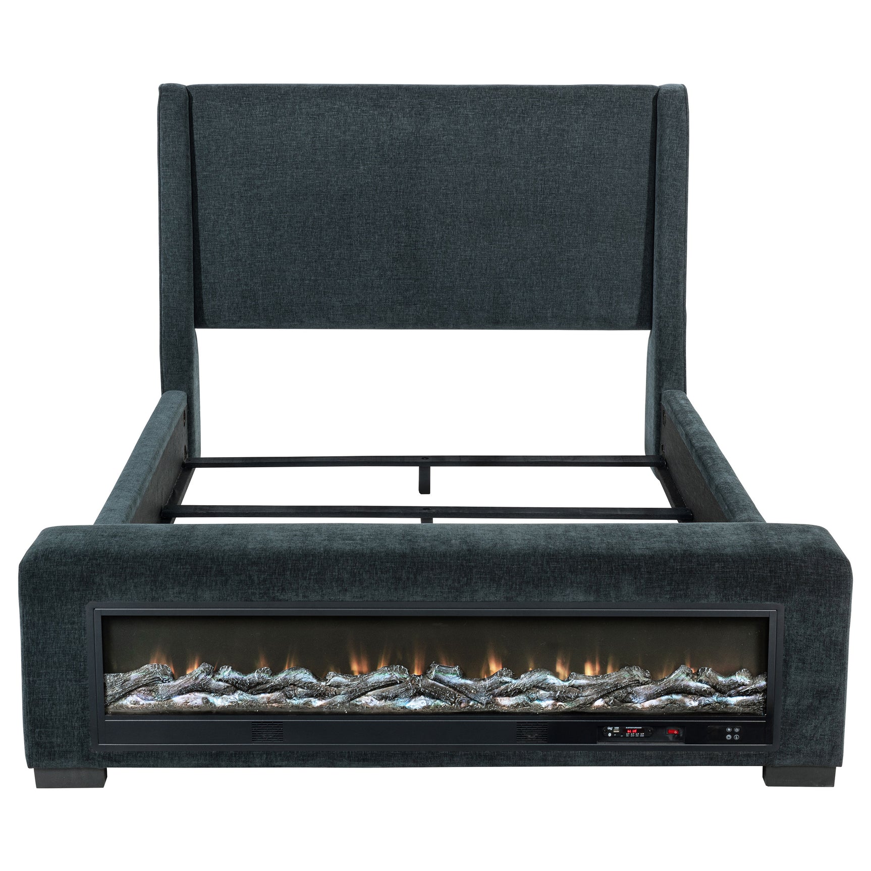 Preston Upholstered California King Audio Flame Visualizer Bed Dark Blue - Tampa Furniture Outlet