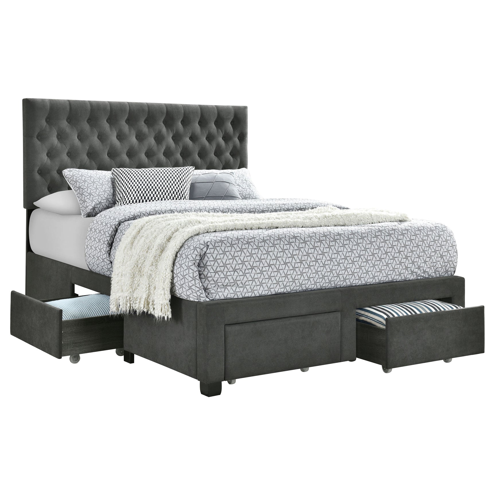 Tampa Furniture Outlet - Coaster - Soledad Upholstered Eastern King Storage Panel Bed Grey - 305877KE
