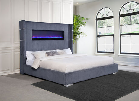 Tisdall Upholstered Eastern King Flame Visualizer Bed Grey - Tampa Furniture Outlet