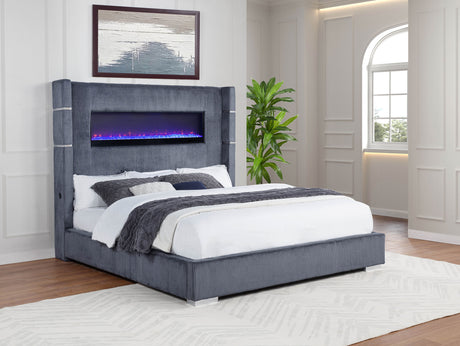 Tisdall Upholstered Cal King Flame Visualizer Bed Grey - Tampa Furniture Outlet
