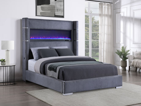 Tisdall Upholstered Queen Flame Visualizer Bed Grey - Tampa Furniture Outlet