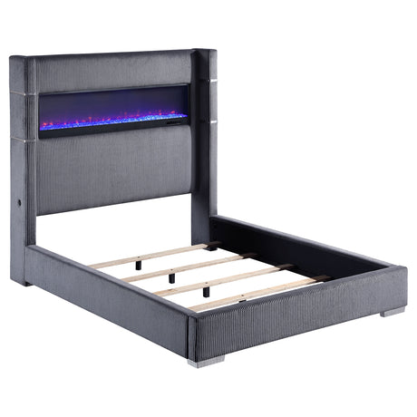 Tampa Furniture Outlet - Coaster - Tisdall Upholstered Queen Flame Visualizer Bed Grey - 306030Q