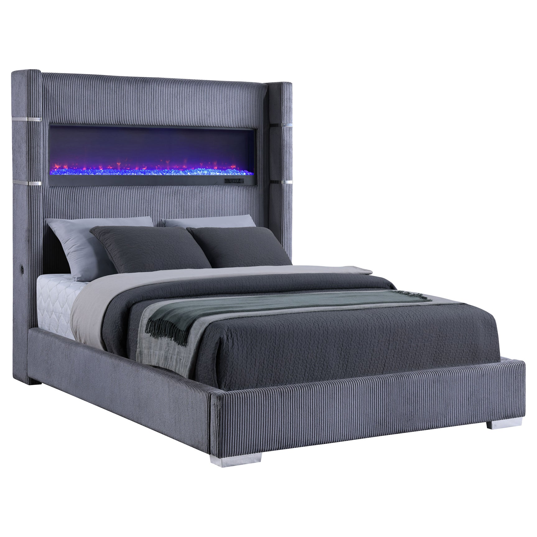 Tisdall Upholstered Queen Flame Visualizer Bed Grey - Tampa Furniture Outlet