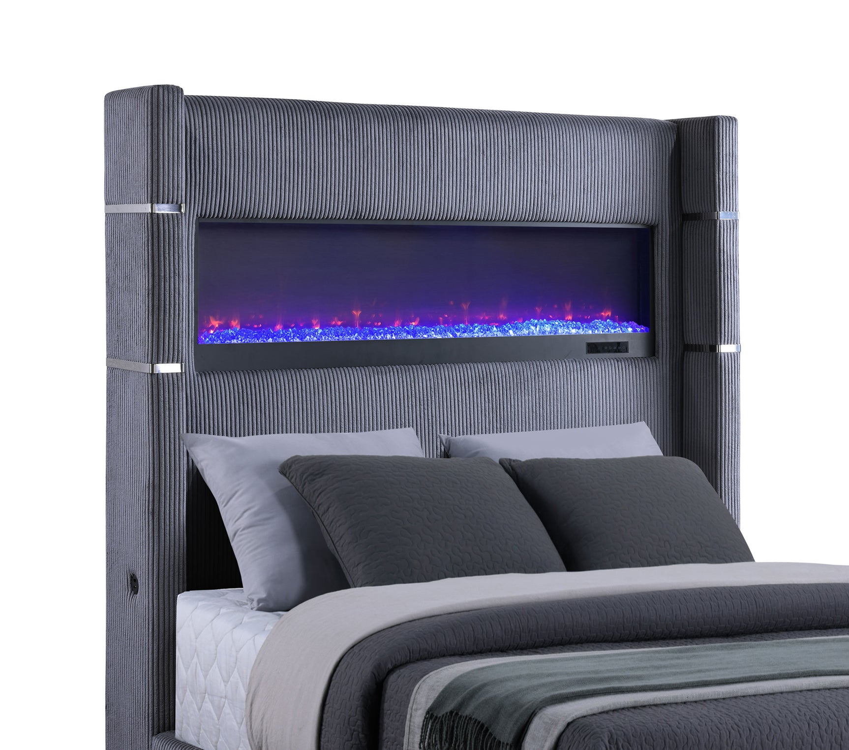 Tisdall Upholstered Queen Flame Visualizer Bed Grey - Tampa Furniture Outlet
