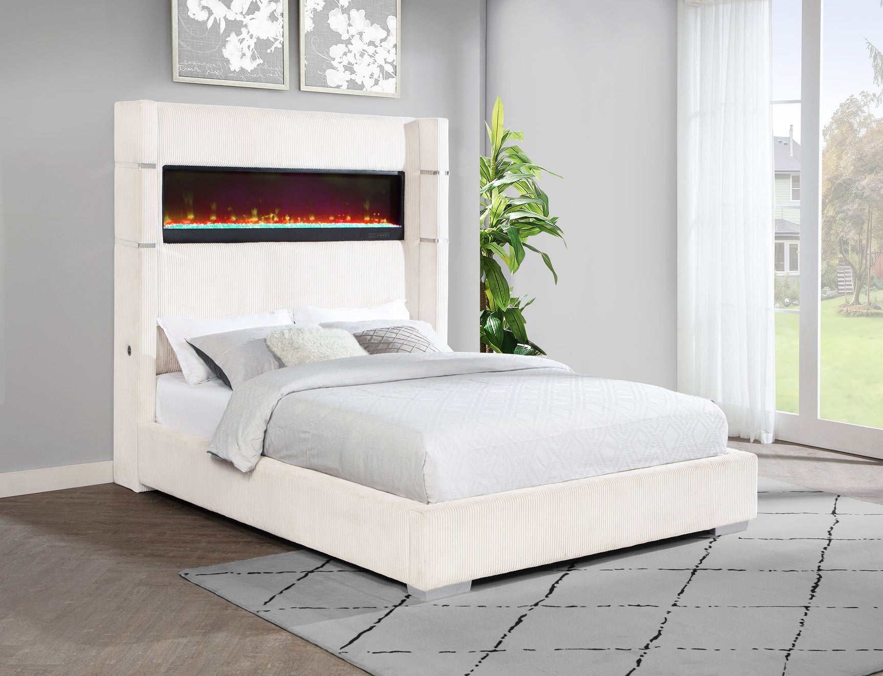 Tisdall Upholstered Queen Flame Visualizer Bed Cream - Tampa Furniture Outlet
