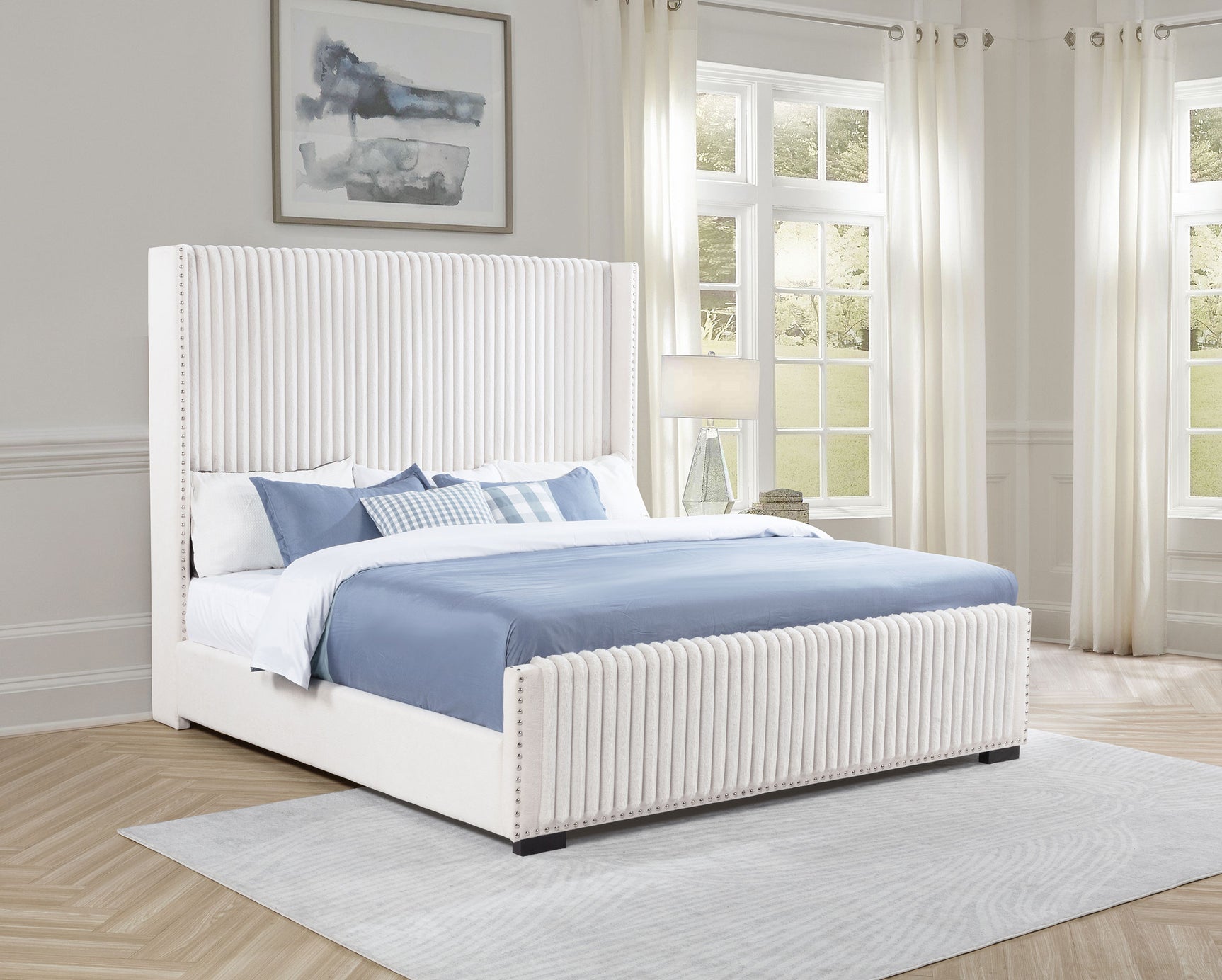 Natasha 65-inch Upholstered Eastern King Wingback Bed Cream - Tampa Furniture Outlet